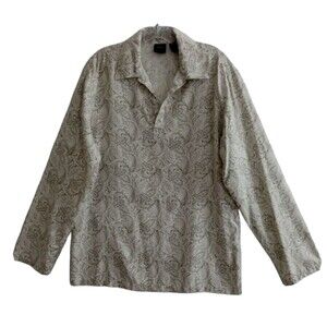 SILK ICON  Silk Tunic Top Blouse Medium White Green Paisley Print Long Sleeves